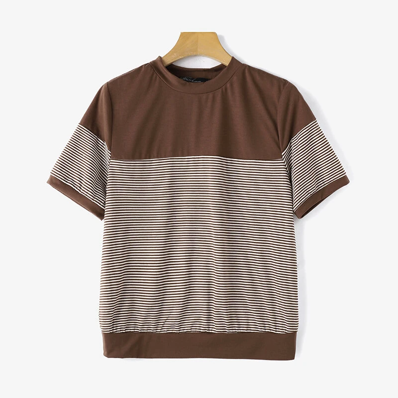 (image for)  Women Summer T Shirt Vintage Striped Short Sleeve Tee Korean Fashion Round Neck Patchwork Tunics Casual Knitted Tops