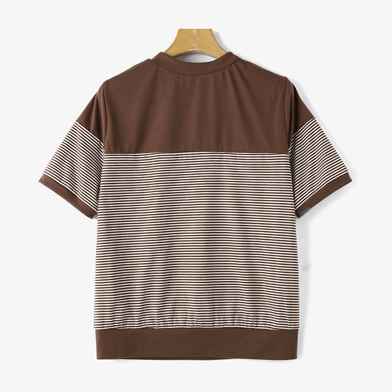 (image for)  Women Summer T Shirt Vintage Striped Short Sleeve Tee Korean Fashion Round Neck Patchwork Tunics Casual Knitted Tops