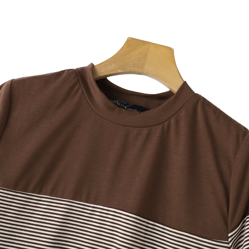 (image for)  Women Summer T Shirt Vintage Striped Short Sleeve Tee Korean Fashion Round Neck Patchwork Tunics Casual Knitted Tops