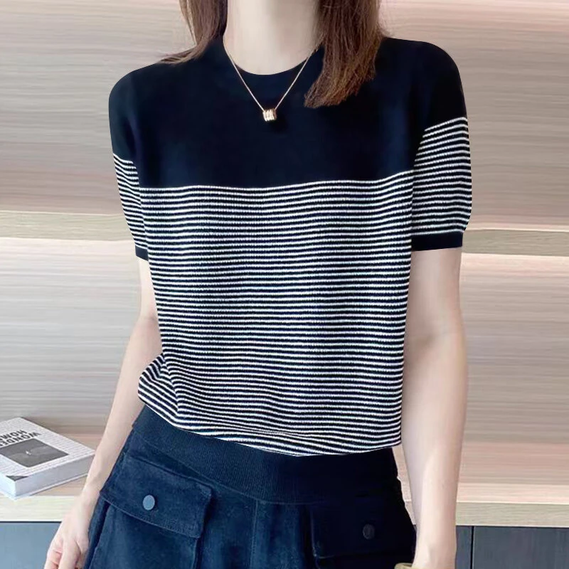 (image for)  Women Summer T Shirt Vintage Striped Short Sleeve Tee Korean Fashion Round Neck Patchwork Tunics Casual Knitted Tops