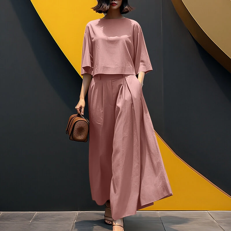 (image for)  Women Two-piece Outfits 3/4 Sleeve O-Neck Top Elastic Waist Pleated Wide Leg Pants Sets