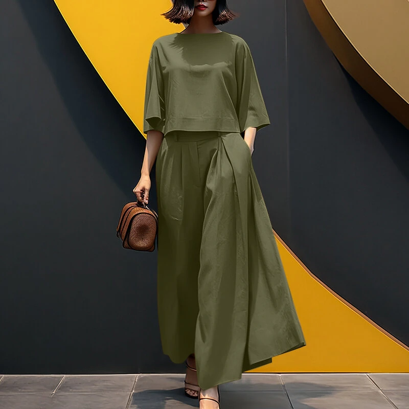 (image for)  Women Two-piece Outfits 3/4 Sleeve O-Neck Top Elastic Waist Pleated Wide Leg Pants Sets