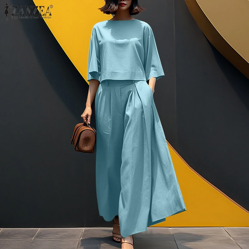 (image for)  Women Two-piece Outfits 3/4 Sleeve O-Neck Top Elastic Waist Pleated Wide Leg Pants Sets
