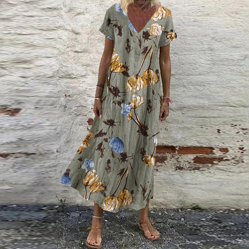 (image for)  Women V-Neck Floral Printed Bohemian Leisure Casual Loose Dress