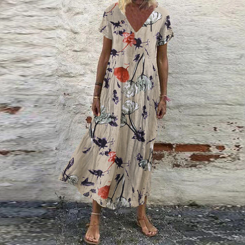 (image for)  Women V-Neck Floral Printed Bohemian Leisure Casual Loose Dress
