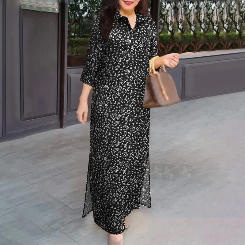 (image for)  Women Vintage 3/4 Sleeve Lapel Split Dresses Floral Print Long Casual Shirtdress