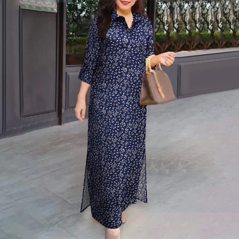 (image for)  Women Vintage 3/4 Sleeve Lapel Split Dresses Floral Print Long Casual Shirtdress