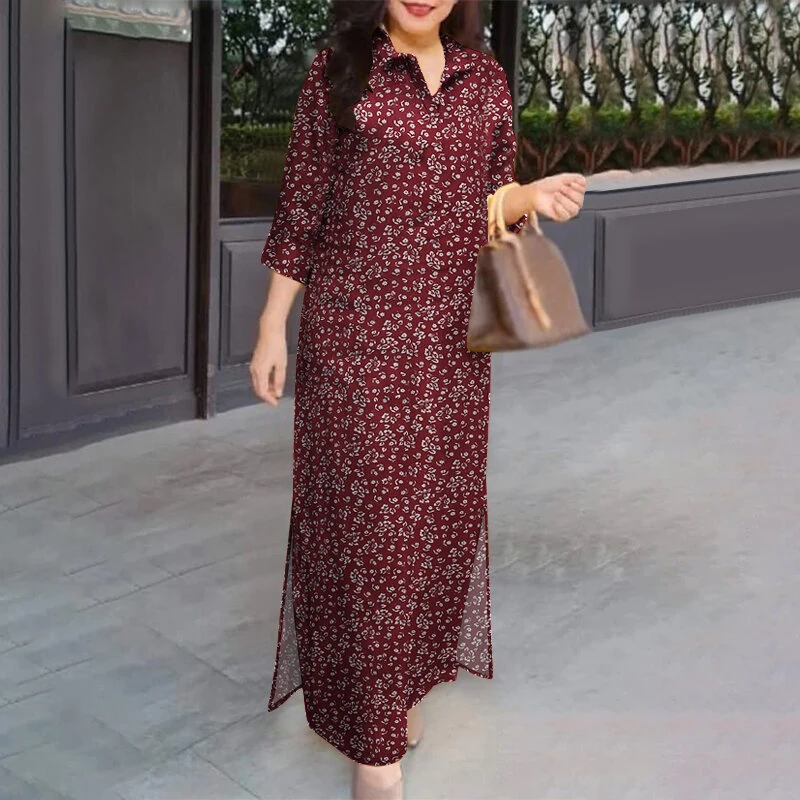 (image for)  Women Vintage 3/4 Sleeve Lapel Split Dresses Floral Print Long Casual Shirtdress