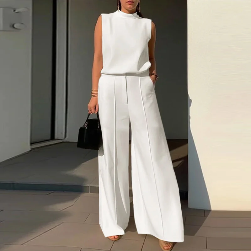(image for)  Women Vintage Casual Stand Neck Sleeveless Pleated Wide Leg Tops Trousers