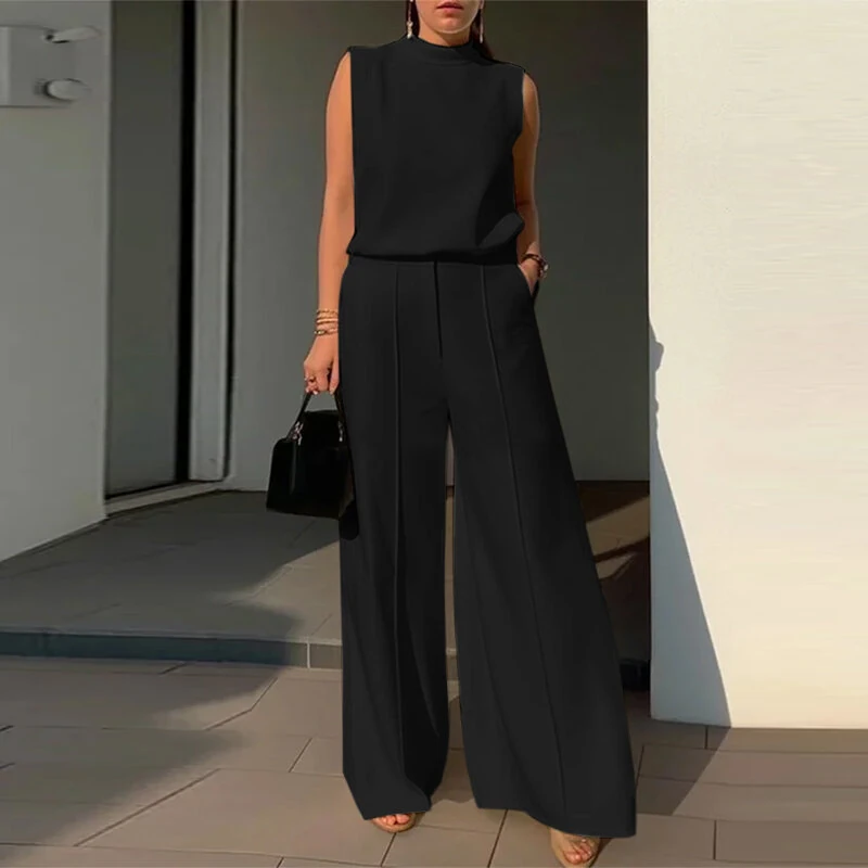 (image for)  Women Vintage Casual Stand Neck Sleeveless Pleated Wide Leg Tops Trousers