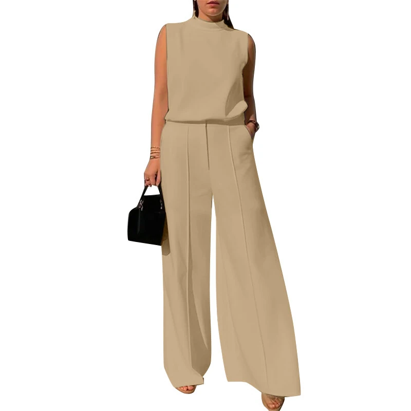 (image for)  Women Vintage Casual Stand Neck Sleeveless Pleated Wide Leg Tops Trousers