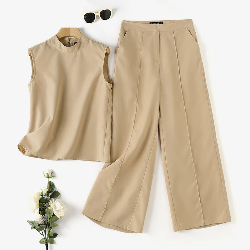 (image for)  Women Vintage Casual Stand Neck Sleeveless Pleated Wide Leg Tops Trousers