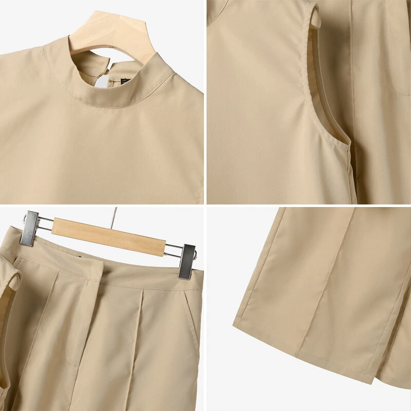 (image for)  Women Vintage Casual Stand Neck Sleeveless Pleated Wide Leg Tops Trousers