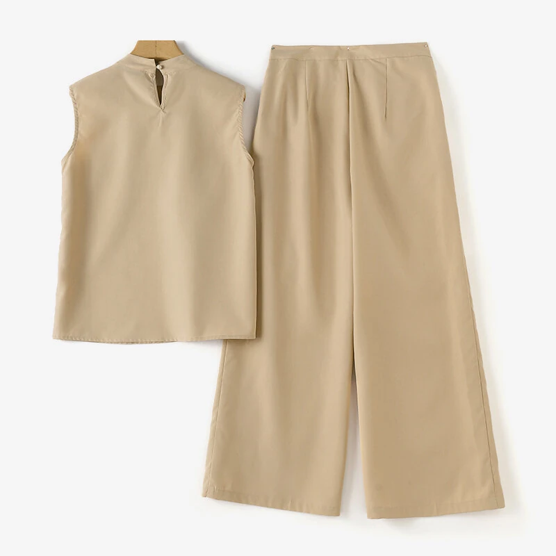 (image for)  Women Vintage Casual Stand Neck Sleeveless Pleated Wide Leg Tops Trousers
