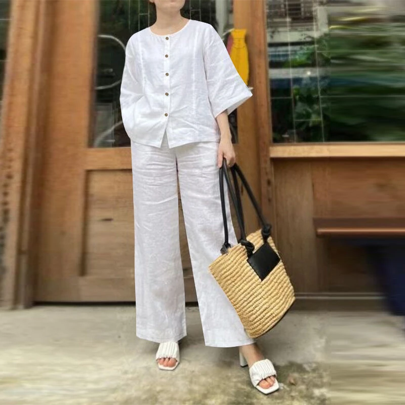 (image for)  Women Vintage Crew Neck Long Sleeve Tops Elastic Waist Wide-Legged Pants Sets