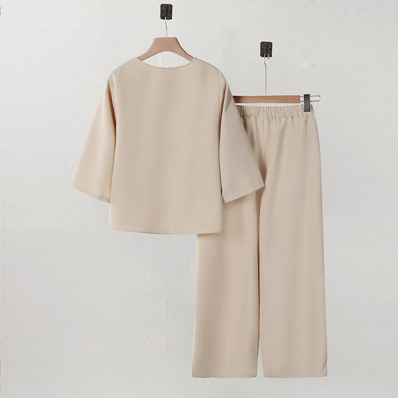 (image for)  Women Vintage Crew Neck Long Sleeve Tops Elastic Waist Wide-Legged Pants Sets