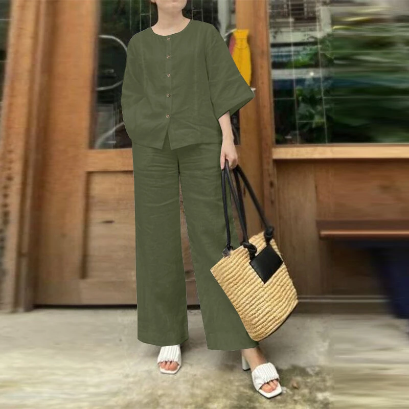 (image for)  Women Vintage Crew Neck Long Sleeve Tops Elastic Waist Wide-Legged Pants Sets