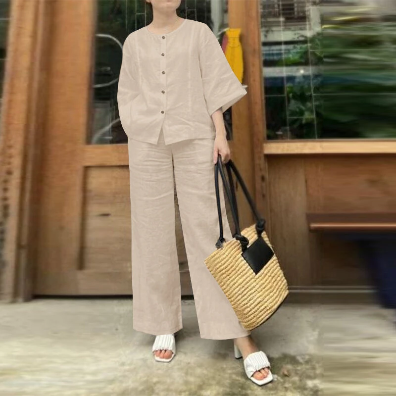 (image for)  Women Vintage Crew Neck Long Sleeve Tops Elastic Waist Wide-Legged Pants Sets