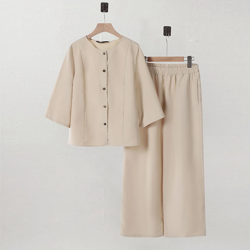 (image for)  Women Vintage Crew Neck Long Sleeve Tops Elastic Waist Wide-Legged Pants Sets