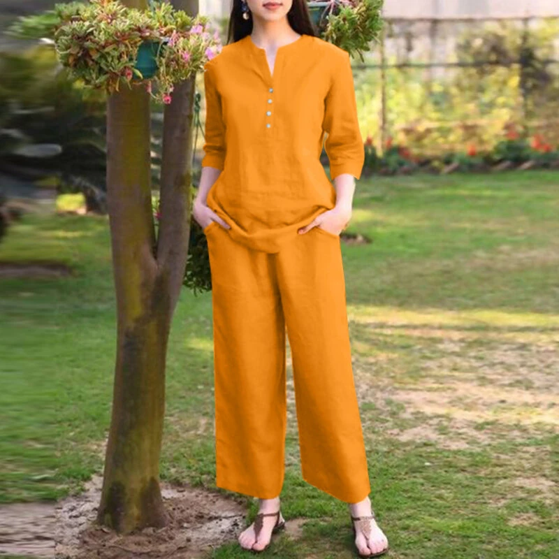 (image for)  Women Vintage Daily Pockets Elastic Waist Solid Color Tops Trousers Solid Color Two-Piece Set