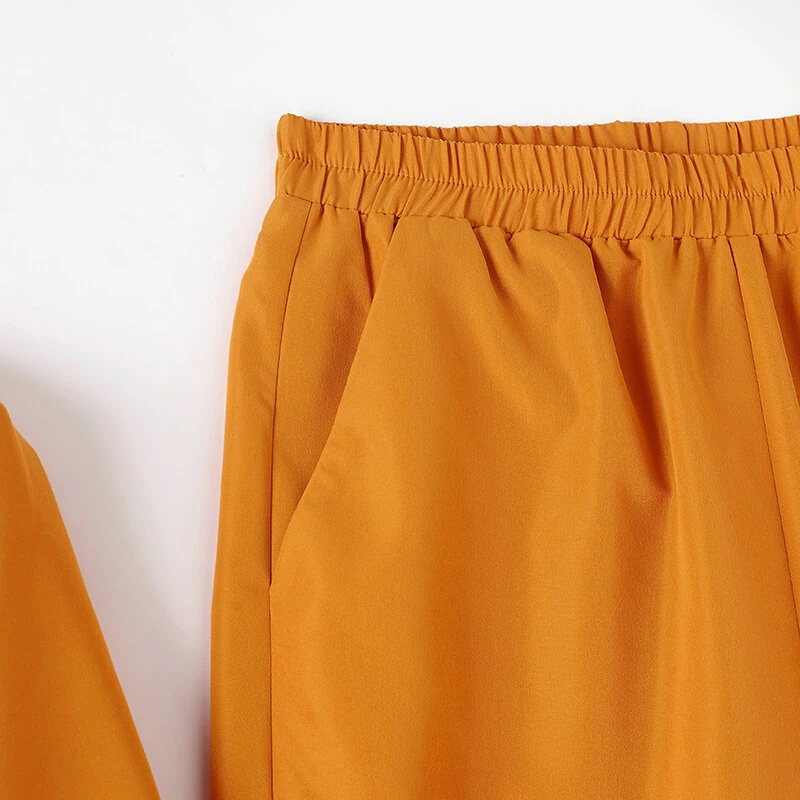(image for)  Women Vintage Daily Pockets Elastic Waist Solid Color Tops Trousers Solid Color Two-Piece Set
