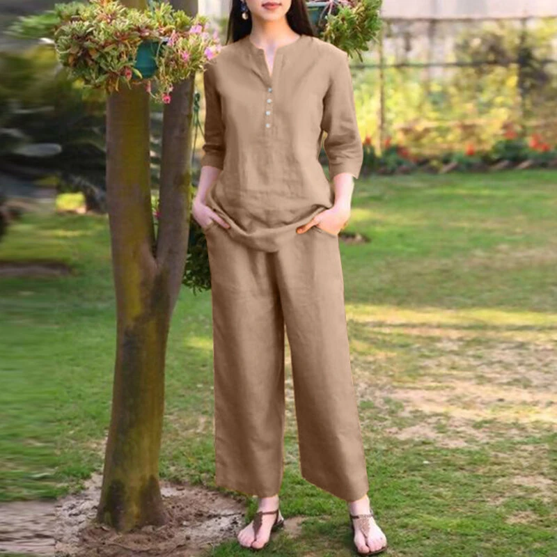 (image for)  Women Vintage Daily Pockets Elastic Waist Solid Color Tops Trousers Solid Color Two-Piece Set