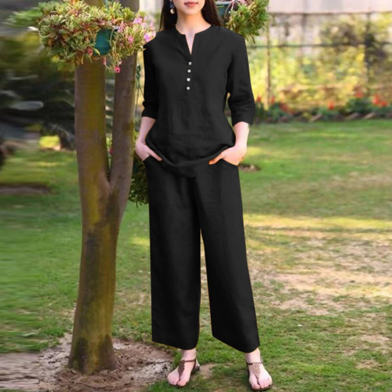 (image for)  Women Vintage Daily Pockets Elastic Waist Solid Color Tops Trousers Solid Color Two-Piece Set