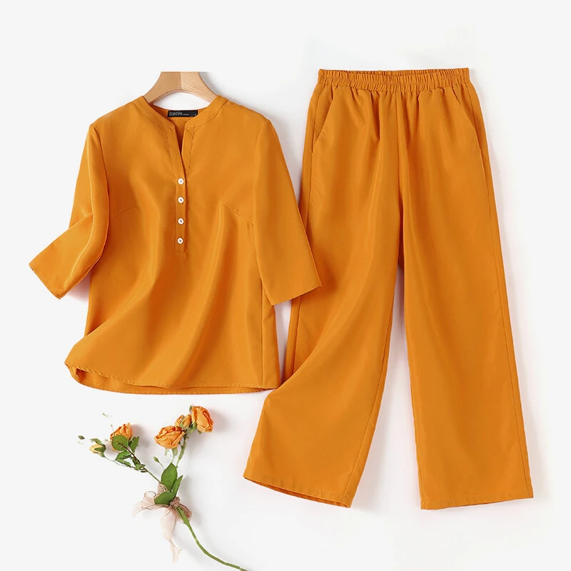 (image for)  Women Vintage Daily Pockets Elastic Waist Solid Color Tops Trousers Solid Color Two-Piece Set