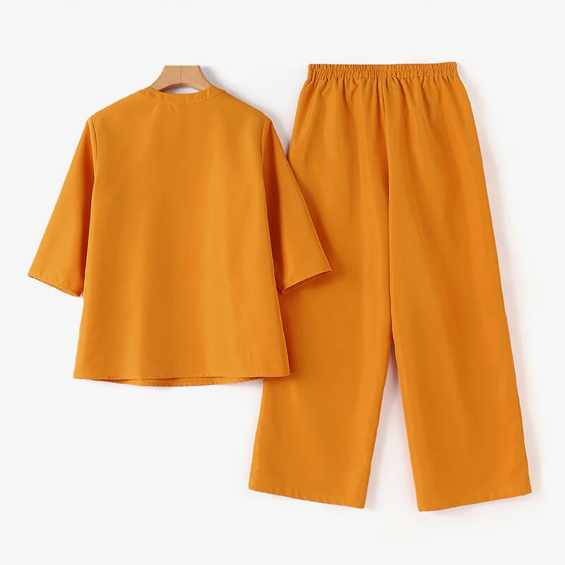 (image for)  Women Vintage Daily Pockets Elastic Waist Solid Color Tops Trousers Solid Color Two-Piece Set