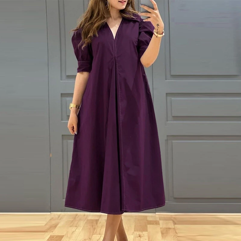 (image for)  Women Vintage Fashion Solid Casual V-Neck Short Sleeve Dress Loose Fit with Side Pockets