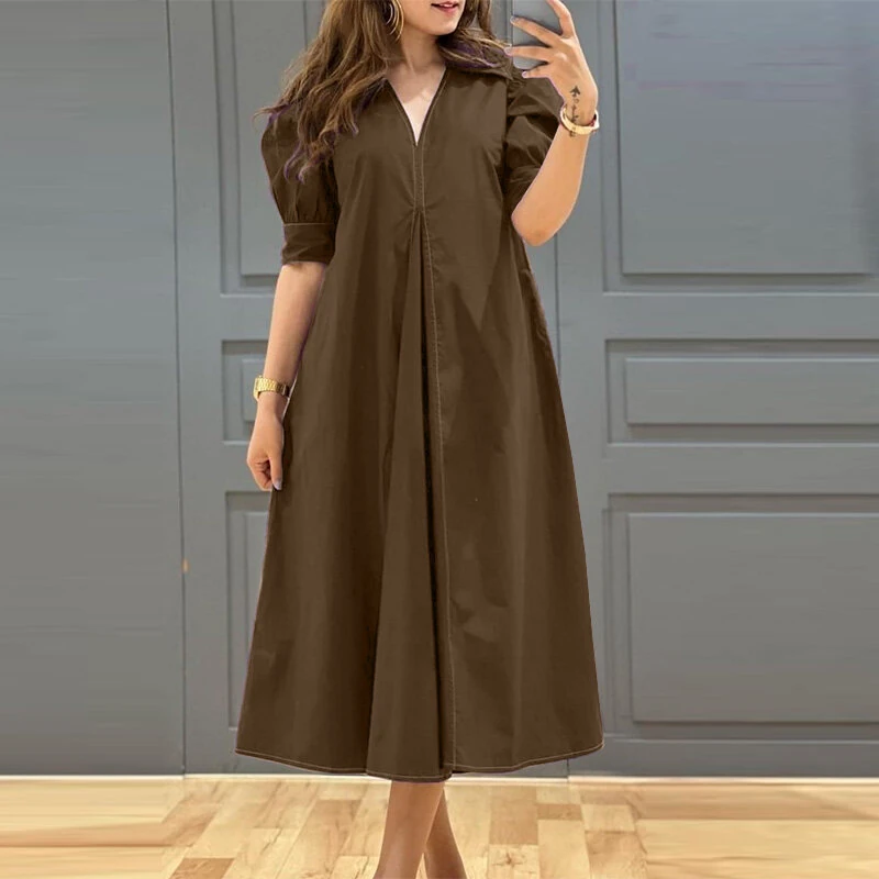 (image for)  Women Vintage Fashion Solid Casual V-Neck Short Sleeve Dress Loose Fit with Side Pockets