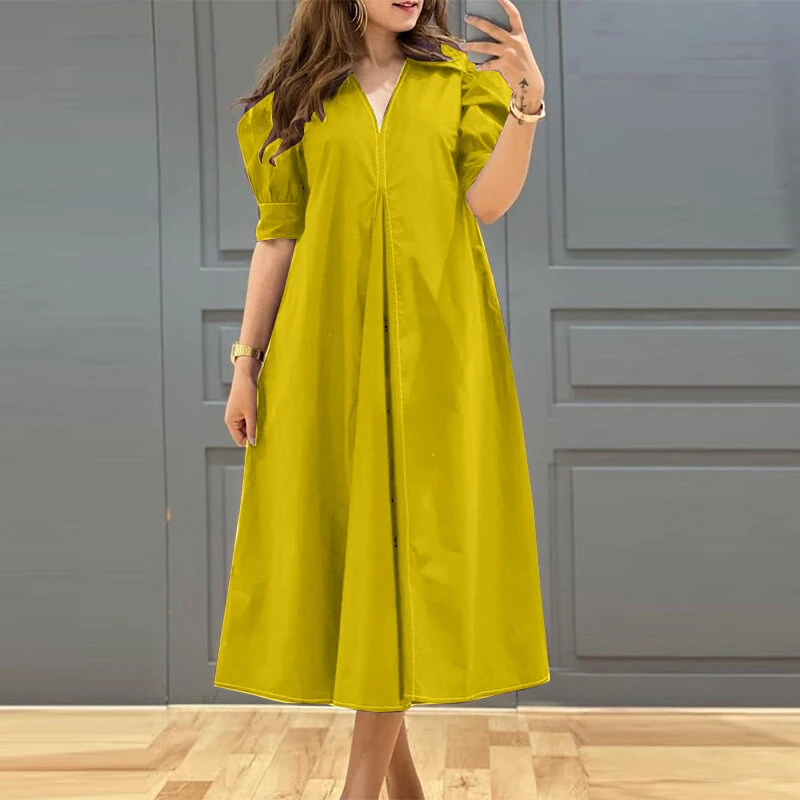 (image for)  Women Vintage Fashion Solid Casual V-Neck Short Sleeve Dress Loose Fit with Side Pockets