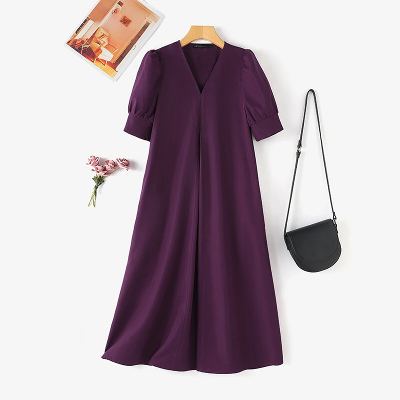 (image for)  Women Vintage Fashion Solid Casual V-Neck Short Sleeve Dress Loose Fit with Side Pockets