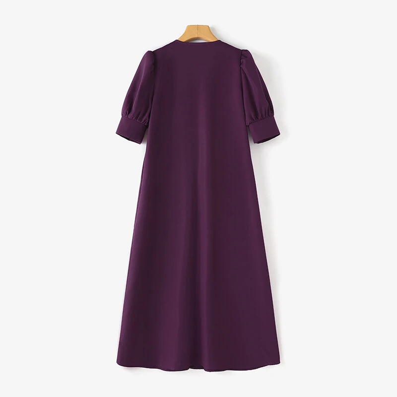 (image for)  Women Vintage Fashion Solid Casual V-Neck Short Sleeve Dress Loose Fit with Side Pockets