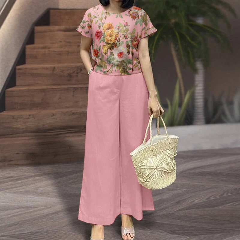(image for)  Women's 2pcs Suits Floral Short Sleeve O-Neck Top Elastic Waist Wide Leg Trousers Vintage Sets