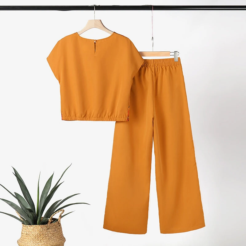 (image for)  Women's 2pcs Suits Floral Short Sleeve O-Neck Top Elastic Waist Wide Leg Trousers Vintage Sets