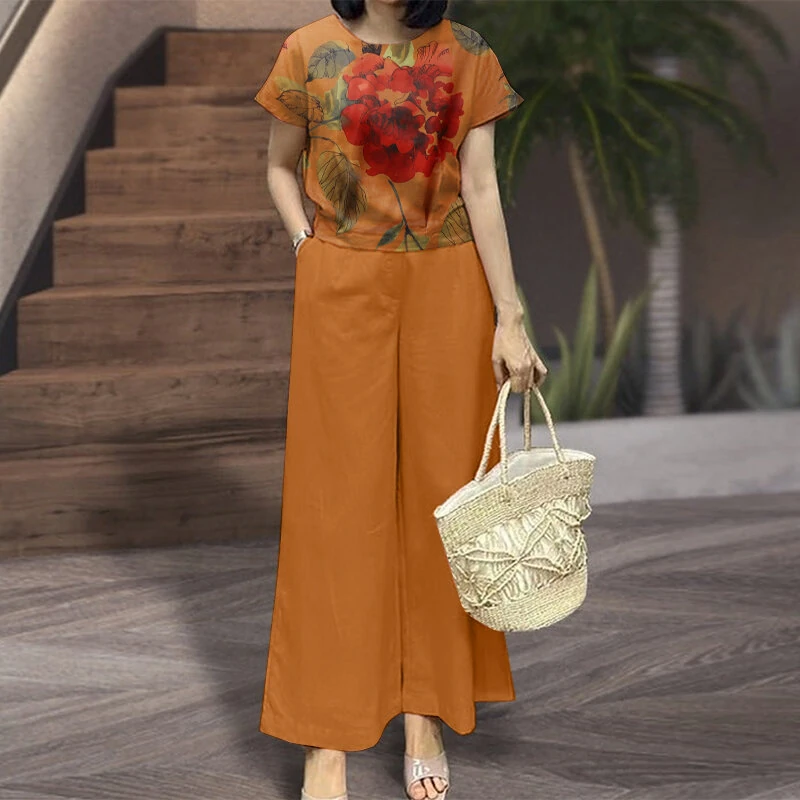 (image for)  Women's 2pcs Suits Floral Short Sleeve O-Neck Top Elastic Waist Wide Leg Trousers Vintage Sets