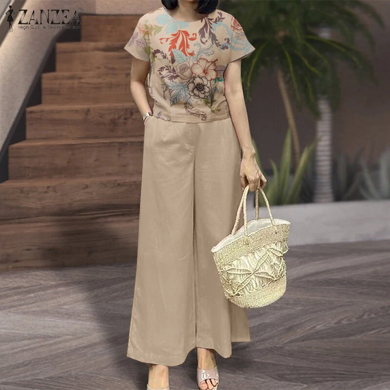 (image for)  Women's 2pcs Suits Floral Short Sleeve O-Neck Top Elastic Waist Wide Leg Trousers Vintage Sets