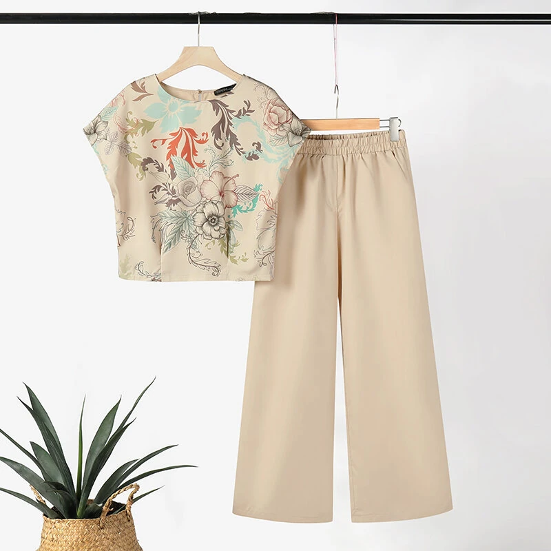 (image for)  Women's 2pcs Suits Floral Short Sleeve O-Neck Top Elastic Waist Wide Leg Trousers Vintage Sets