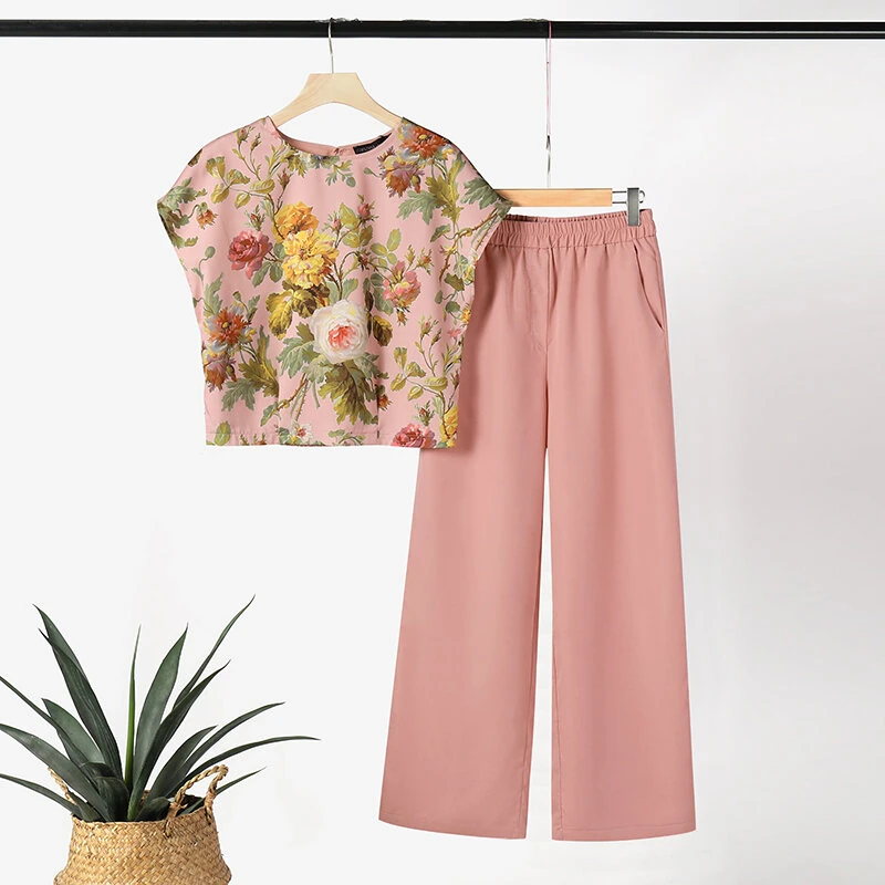 (image for)  Women's 2pcs Suits Floral Short Sleeve O-Neck Top Elastic Waist Wide Leg Trousers Vintage Sets