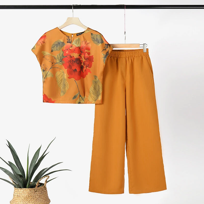 (image for)  Women's 2pcs Suits Floral Short Sleeve O-Neck Top Elastic Waist Wide Leg Trousers Vintage Sets