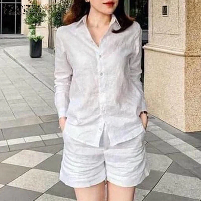 (image for)  Women's 2pcs Suits Vintage Casual Long Sleeve Lapel Shirt Elastic Waist A-Line Shorts Cotton Linen Sets