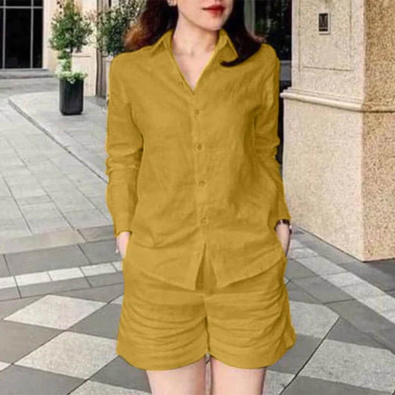 (image for)  Women's 2pcs Suits Vintage Casual Long Sleeve Lapel Shirt Elastic Waist A-Line Shorts Cotton Linen Sets
