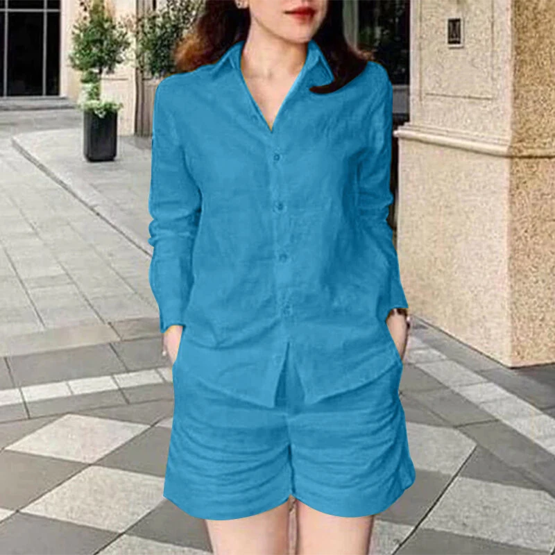 (image for)  Women's 2pcs Suits Vintage Casual Long Sleeve Lapel Shirt Elastic Waist A-Line Shorts Cotton Linen Sets