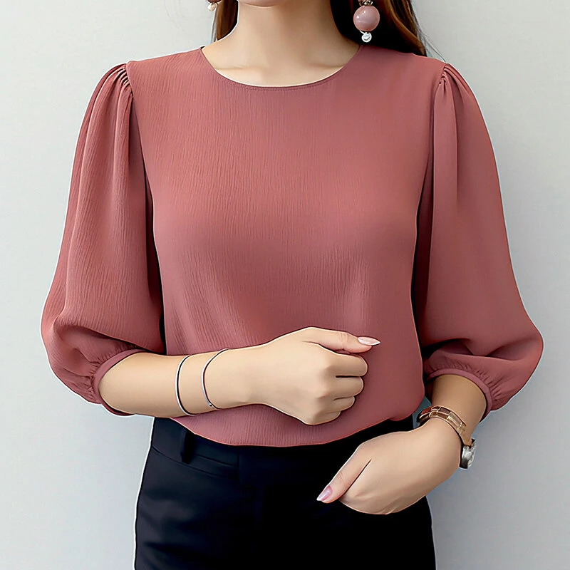 (image for)  Women's Blouse Casual Lantern Sleeve Round Neck Shirt Plain Party Commute Pullover Tops