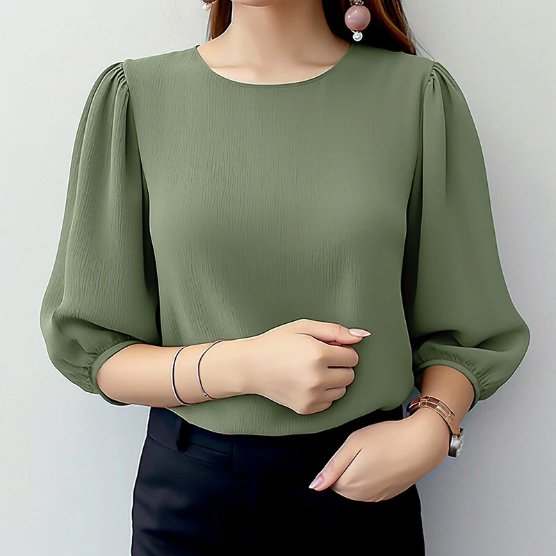 (image for)  Women's Blouse Casual Lantern Sleeve Round Neck Shirt Plain Party Commute Pullover Tops
