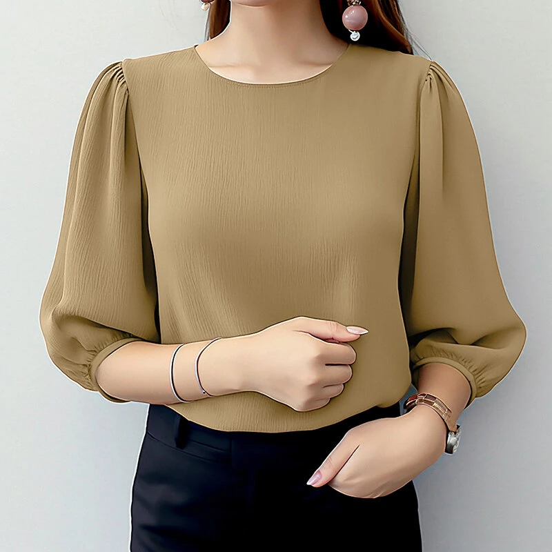 (image for)  Women's Blouse Casual Lantern Sleeve Round Neck Shirt Plain Party Commute Pullover Tops