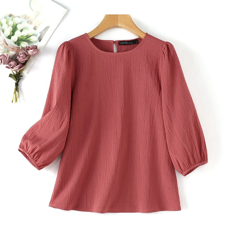 (image for)  Women's Blouse Casual Lantern Sleeve Round Neck Shirt Plain Party Commute Pullover Tops