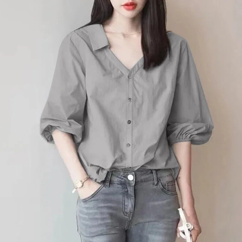 (image for)  Women's Blouse Commute New Fashion Lantern Sleeve V-Neck Lapel Solid Office Top Shirt