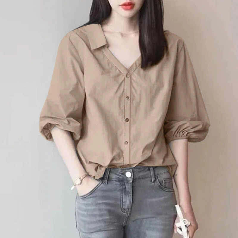 (image for)  Women's Blouse Commute New Fashion Lantern Sleeve V-Neck Lapel Solid Office Top Shirt